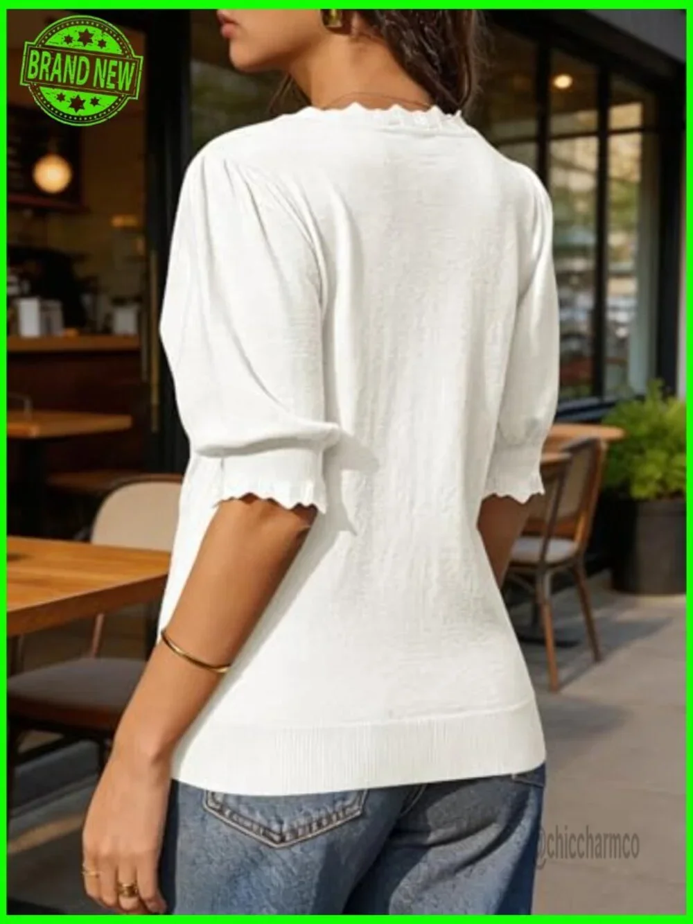Women's V-Neck Puff Sleeve Sweater Pullover Ribbed Knit Casual Top